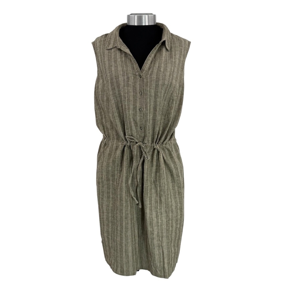 Vintage Esmara Olive Green Striped Linen Blend Button Front Dress Womens Size 16